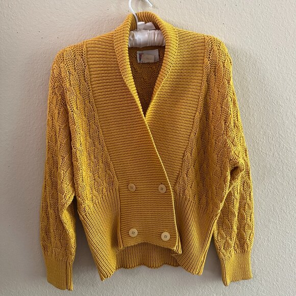 Vintage Prophecy Mustard Yellow 100% Cotton Cable Knit Cardigan Sweater Sz LG - Picture 1 of 8